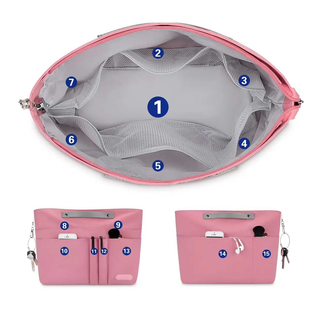 HyFanStr Pink Caddy | 15 Pockets Handbag Organizer Insert for Women, Tote Bag Inside Liner - view 2