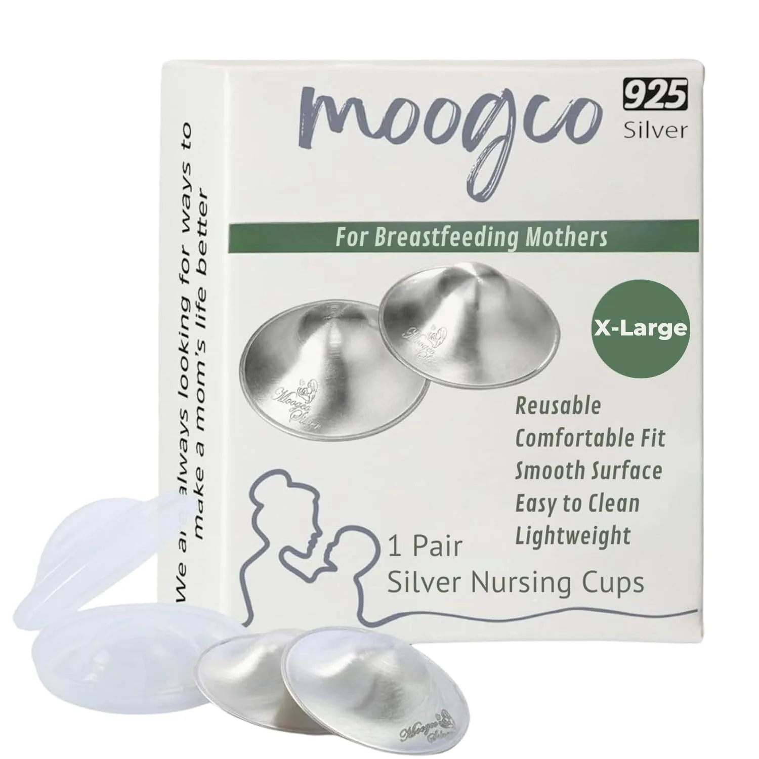 MOOGCO The Original Silver Nursing Cups X-Large | Pure 925 Sterling Silver Nipple Shields for Breastfeeding - main product image