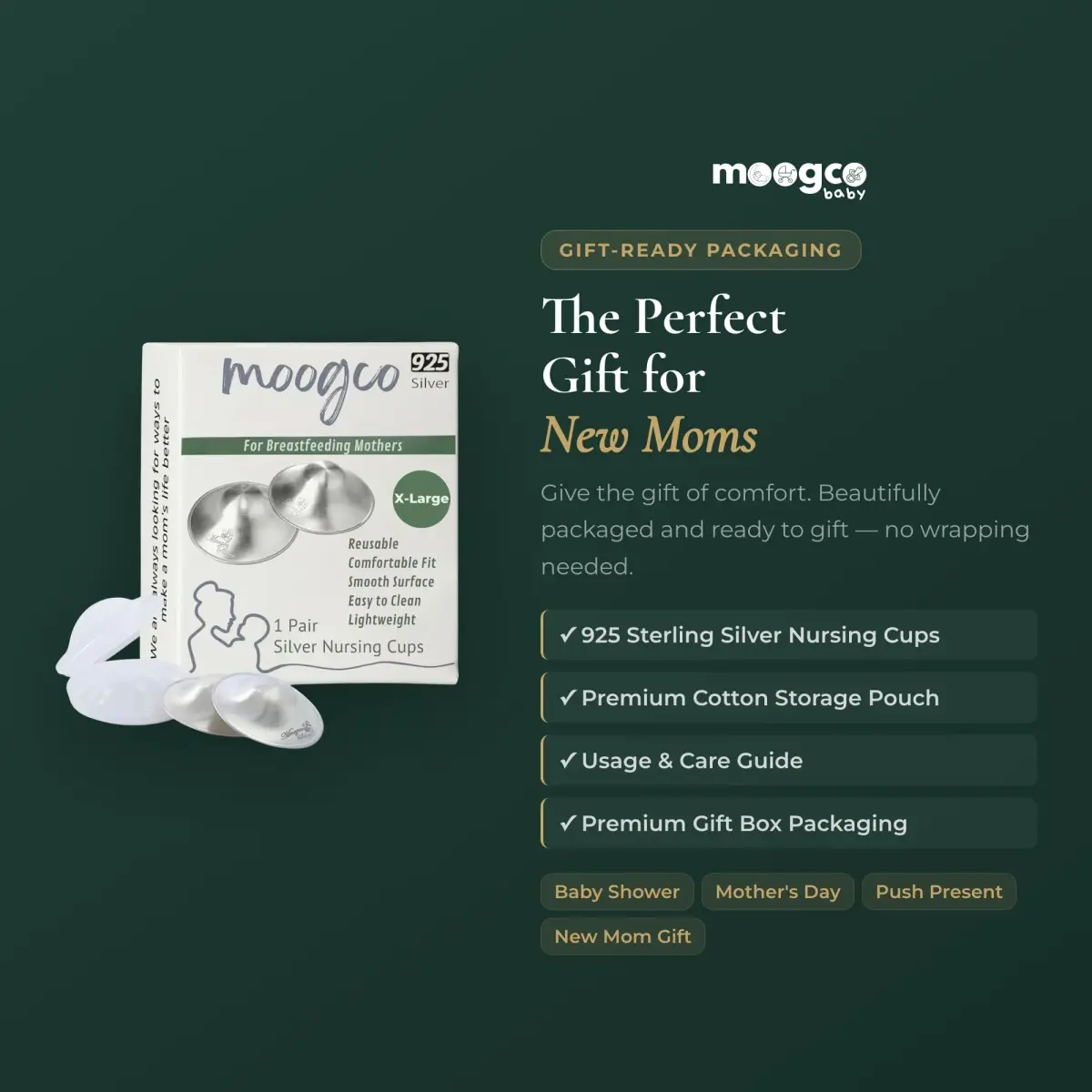 MOOGCO Original Silver Nursing Cups X-Large | 925 Sterling Silver Nipple Shields for Breastfeeding Comfort - view 9