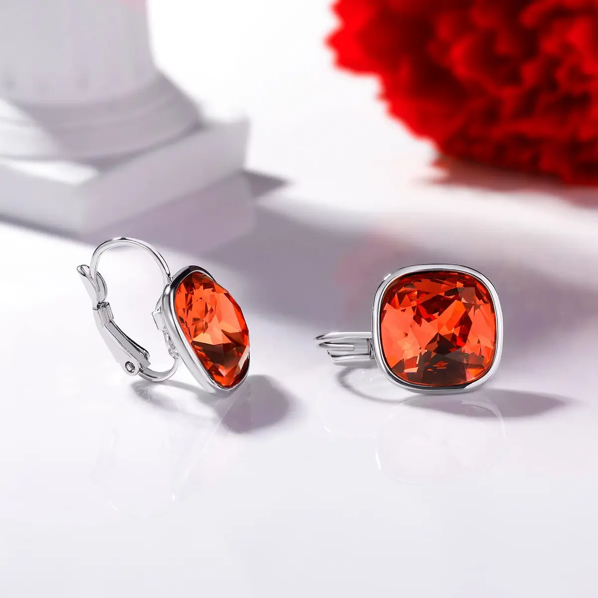 MDFUN Red Bella Drop Earrings Crystals 0.67 inch | 18K White Gold Plated Hypoallergenic Jewelry for Women - view 3