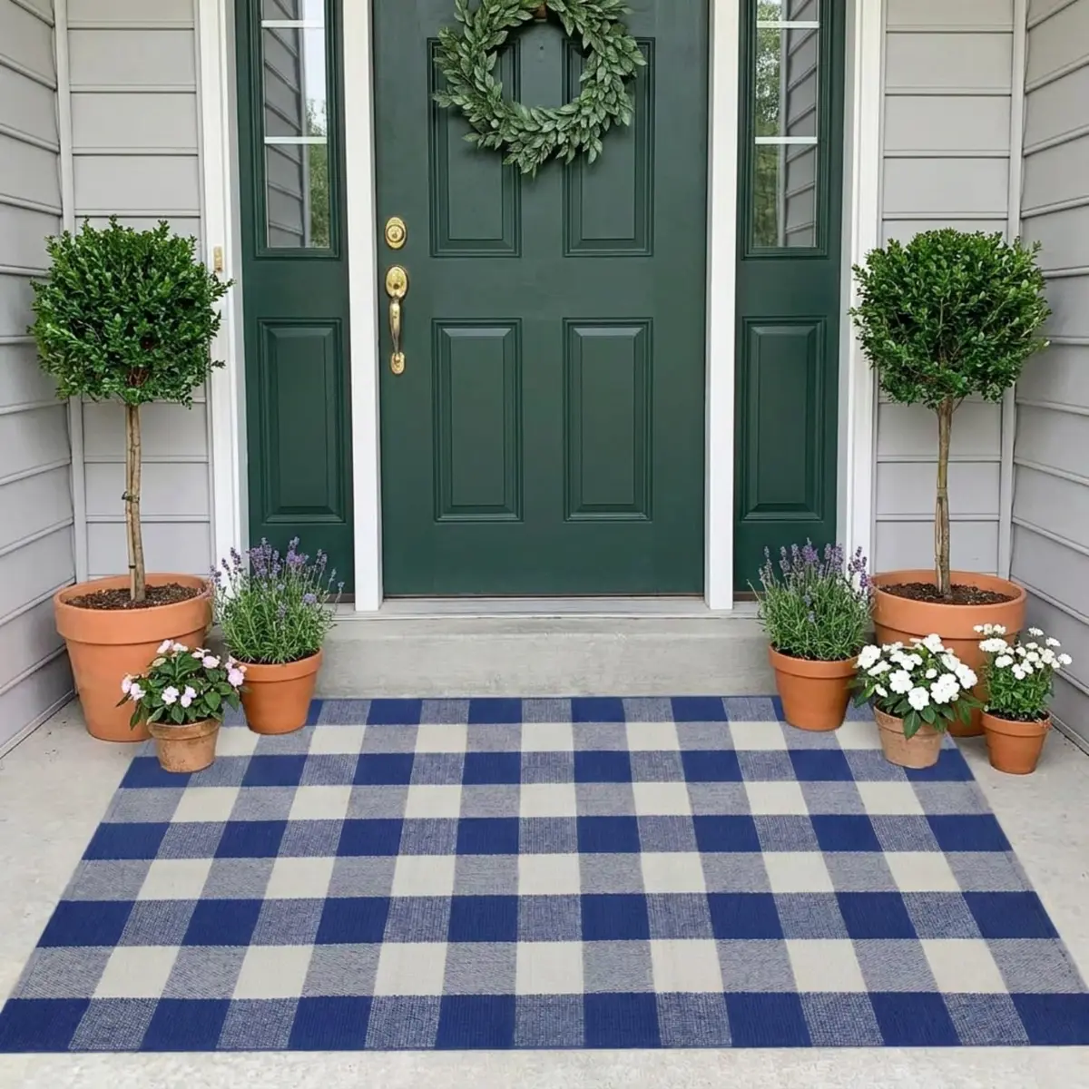 MUBIN Cotton Buffalo Plaid Rug 3' x 5' Blue White Outdoor Rug Layered Doormat - main product image