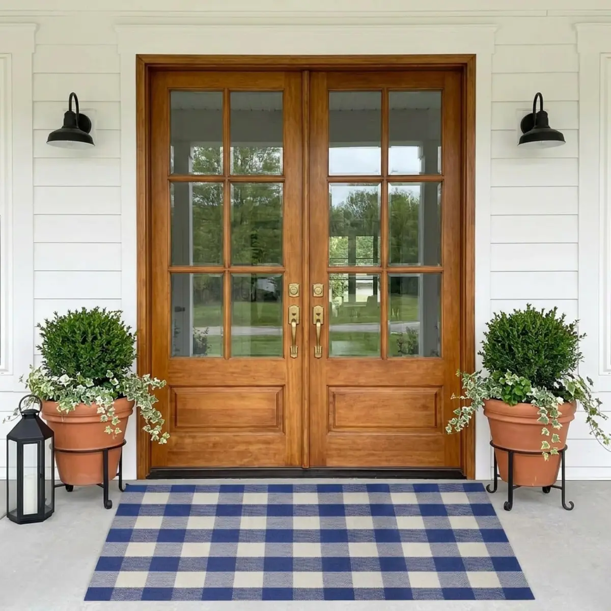 MUBIN Cotton Buffalo Plaid Rug 3' x 5' Blue White Outdoor Rug Layered Doormat - view 2