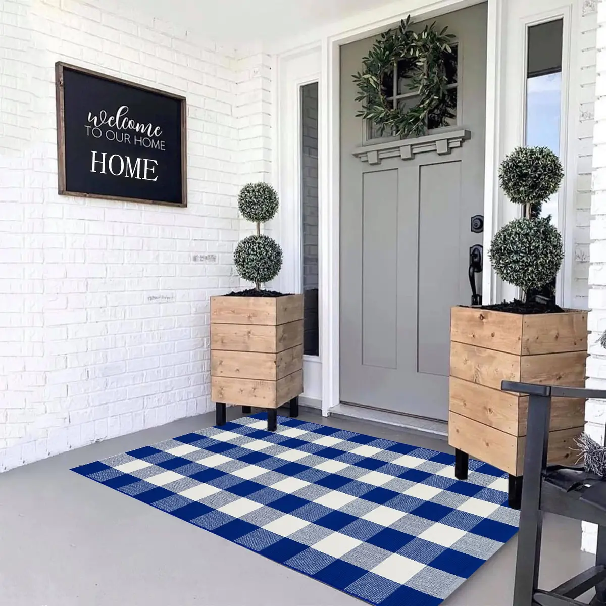 MUBIN Cotton Buffalo Plaid Rug 3' x 5' Blue White Outdoor Rug Layered Doormat - view 3