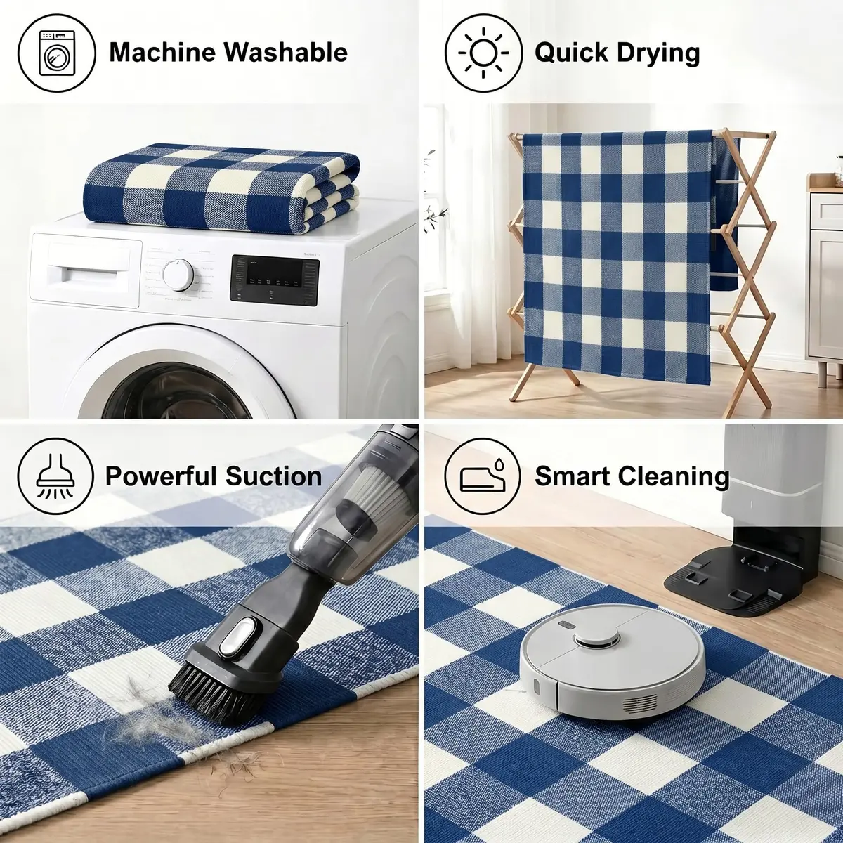 MUBIN Cotton Buffalo Plaid Rug 3' x 5' Blue White Outdoor Rug Layered Doormat - view 4