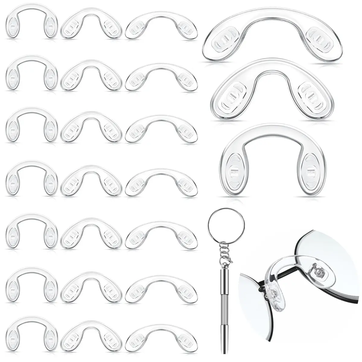 Weewooday Silicone Eyeglasses Nose Pads 24 Pcs | 3 Sizes, U Shape, Clear, Anti Slip, Reusable - main product image