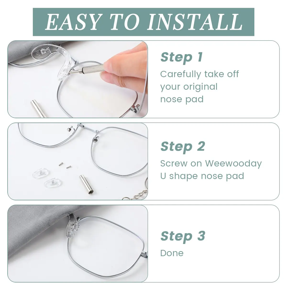 Weewooday Silicone Eyeglasses Nose Pads 24 Pcs | 3 Sizes, U Shape, Clear, Anti Slip, Reusable - view 3