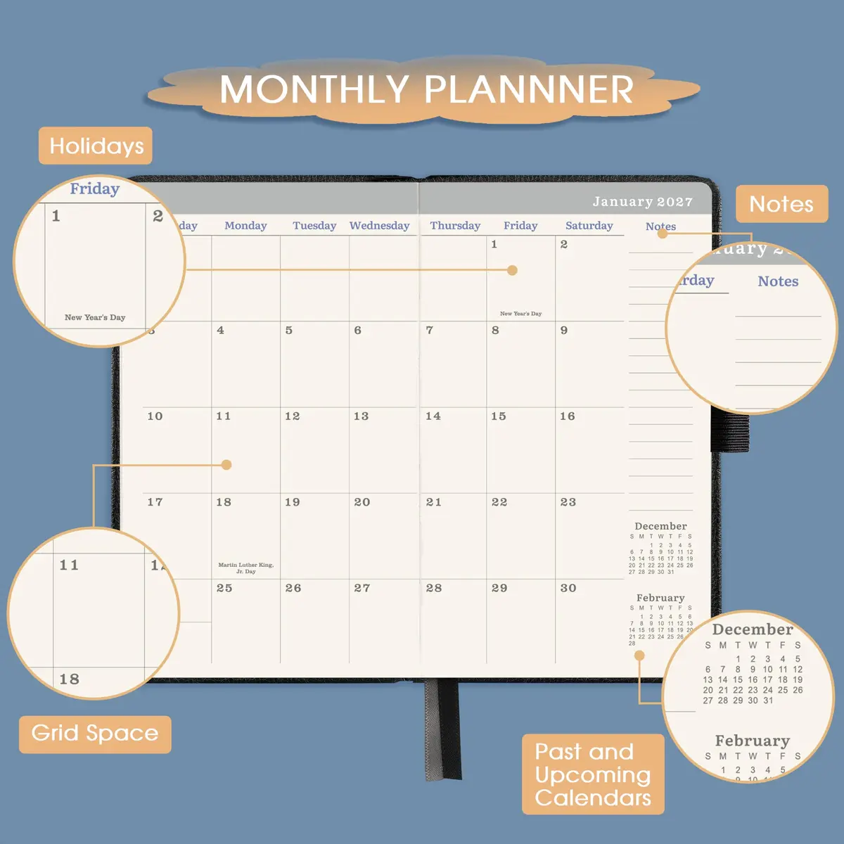 Tullofa 2027-2029 Pocket Planner 6.2" x 4" | Monthly Calendar with 60 Note Pages & Pen Holder - view 6