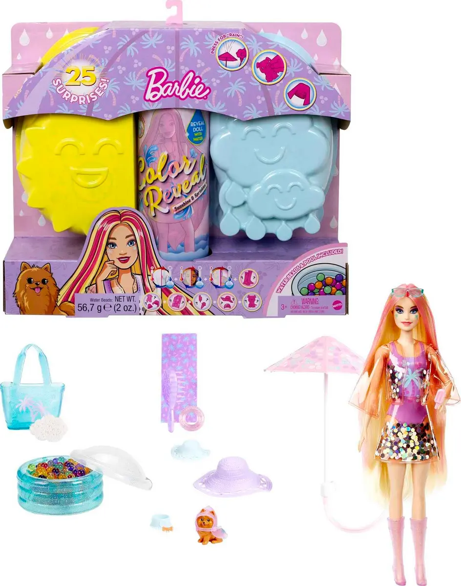 Barbie Color Reveal Sunshine & Sprinkles Doll & Accessories | 25 Surprises, Water & Color Change (100 words) - main product image