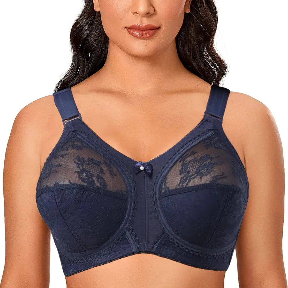 TELIMUSSTO Women's Floral Lace Bra Plus Size Full Coverage Non Wired Non Padded 48I Blue - main product image