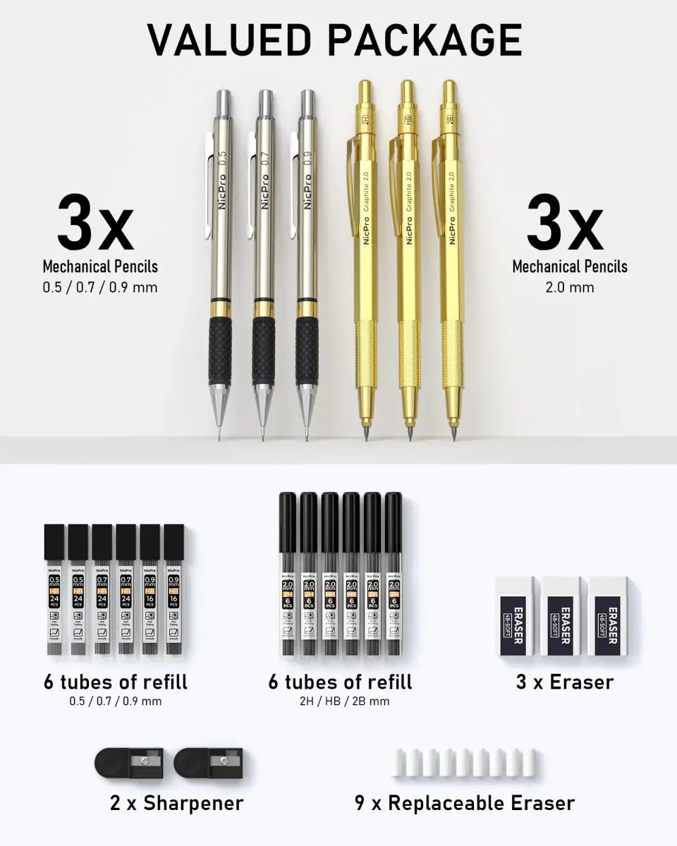 Nicpro Gold Art Mechanical Pencil Set with 0.5mm, 0.7mm, 0.9mm, 2mm Leads & Erasers | Value Pack for Students & Professionals - view 4