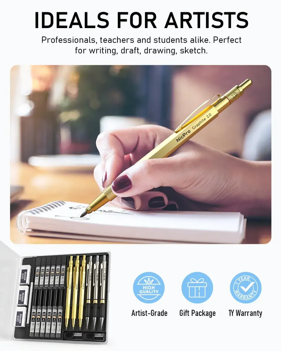 Nicpro Gold Art Mechanical Pencil Set with 0.5mm, 0.7mm, 0.9mm, 2mm Leads & Erasers | Value Pack for Students & Professionals - view 6