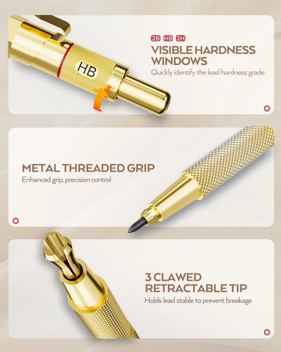 Nicpro Gold Art Mechanical Pencil Set with 0.5mm, 0.7mm, 0.9mm, 2mm Leads & Erasers | Value Pack for Students & Professionals - view 2