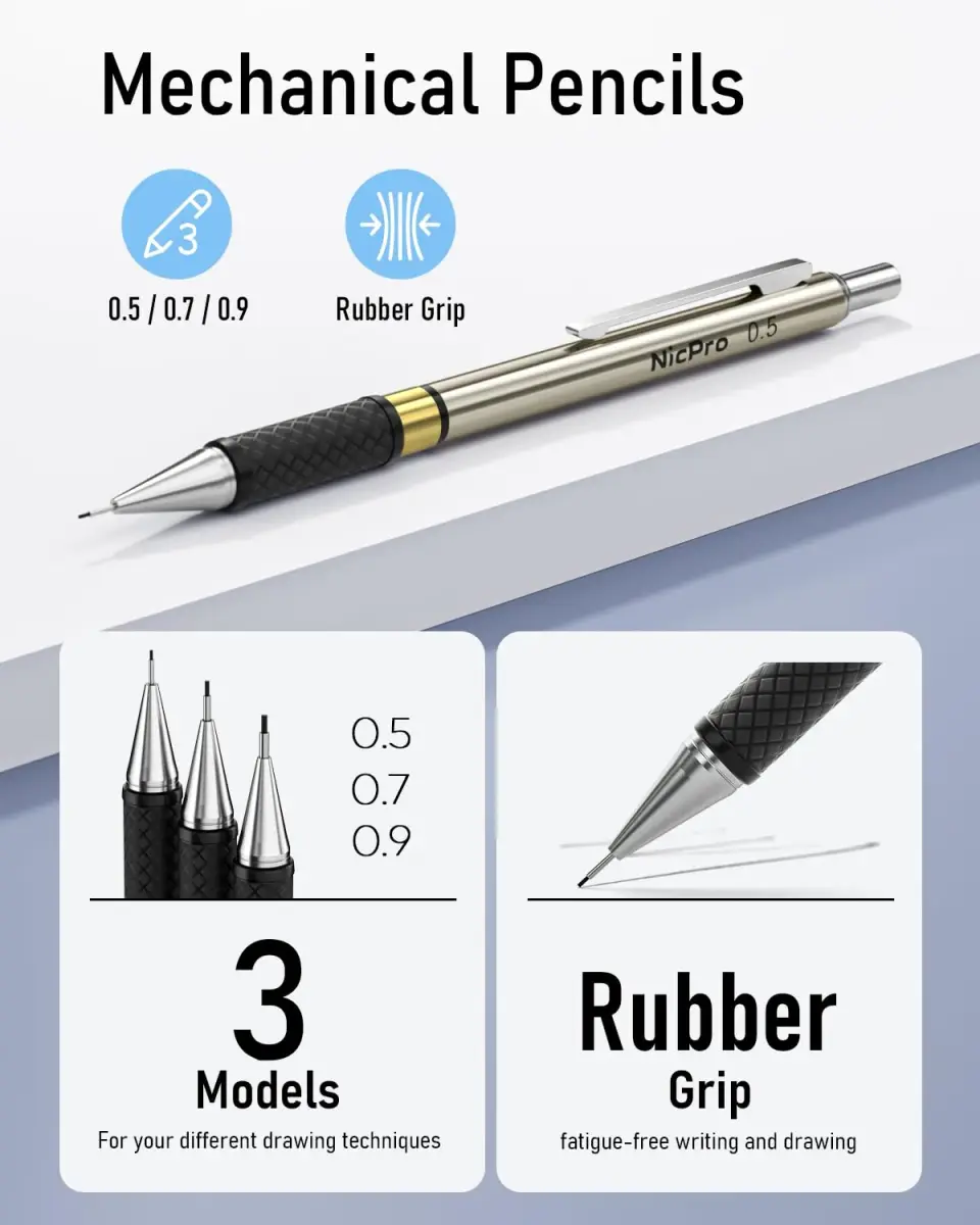 Nicpro Gold Art Mechanical Pencil Set with 0.5mm, 0.7mm, 0.9mm, 2mm Leads & Erasers | Value Pack for Students & Professionals - view 3