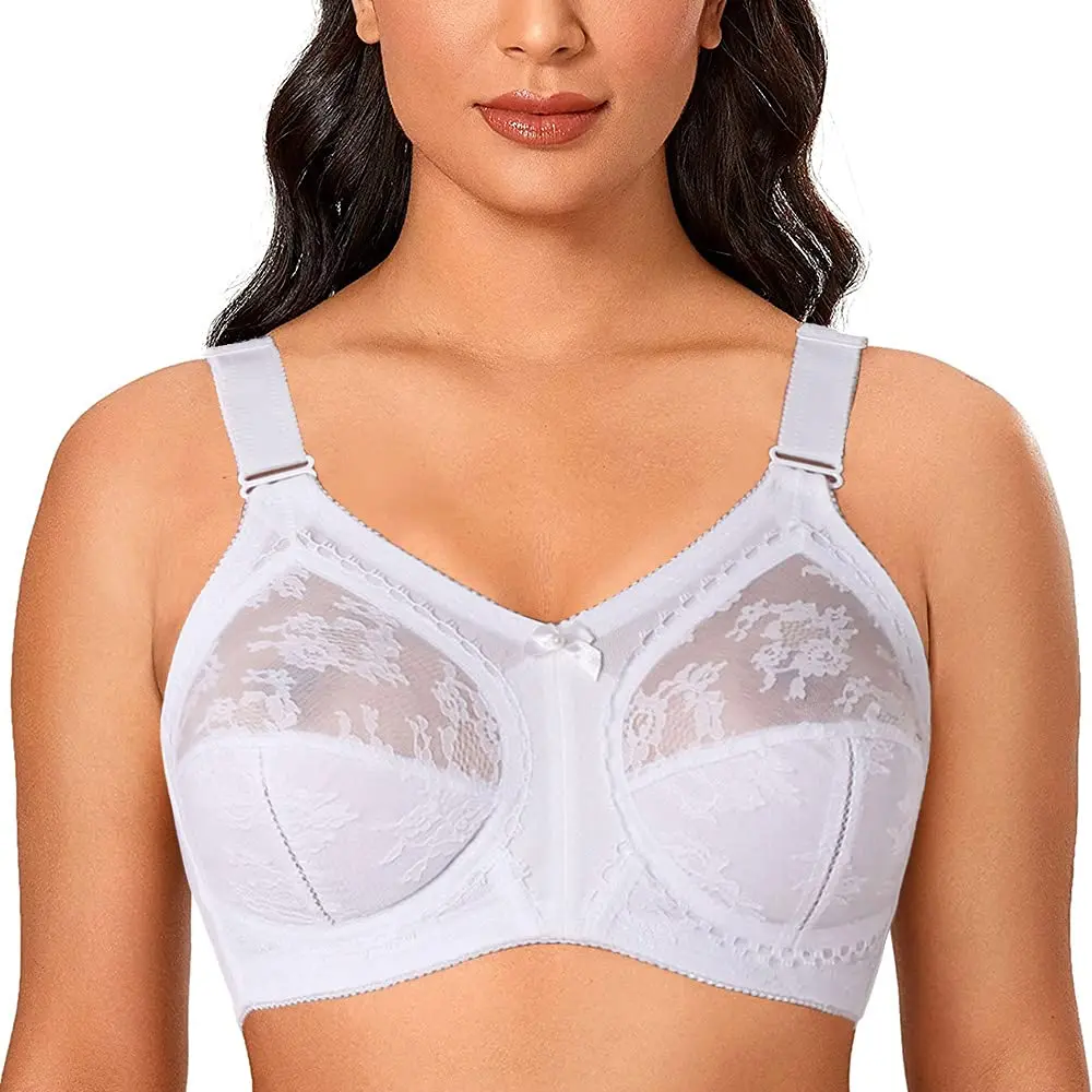 TELIMUSSTO Women's Floral Lace Bra Plus Size 36DDD | Full Coverage, Non Wired & Padded, Sheer Lace, White - main product image
