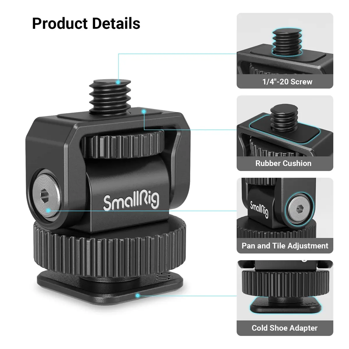 SmallRig Mini Ball Head Cold Shoe Mount Adapter with 1/4"-20 Thread | Precise Lighting Adjustment, All-Metal, Compact 20g - view 3