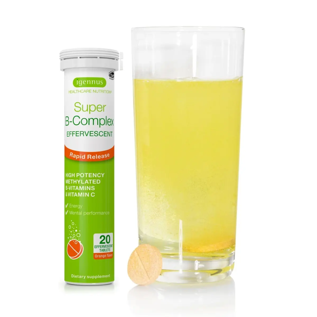 Igennus Super B-Complex Methylated Liquid B-Vitamin Effervescent Supplement Orange 20 Count (Pack of 1) | Bioavailable B-Vitamins for Energy & Mental Clarity - main product image