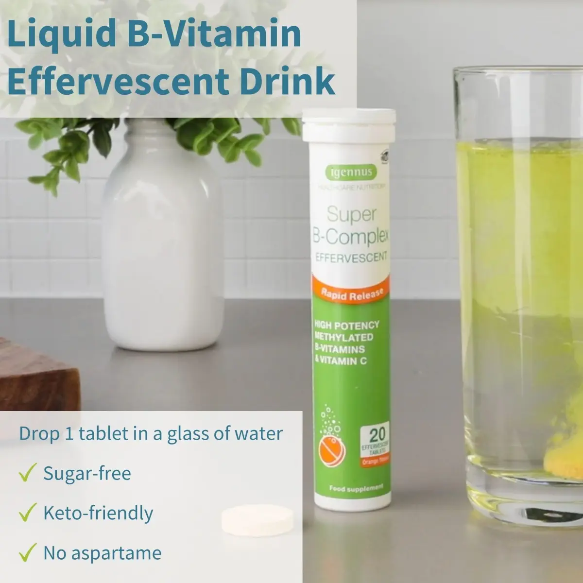 Igennus Super B-Complex Methylated Liquid B-Vitamin Effervescent Supplement Orange 20 Count (Pack of 1) | Bioavailable B-Vitamins for Energy & Mental Clarity - view 2