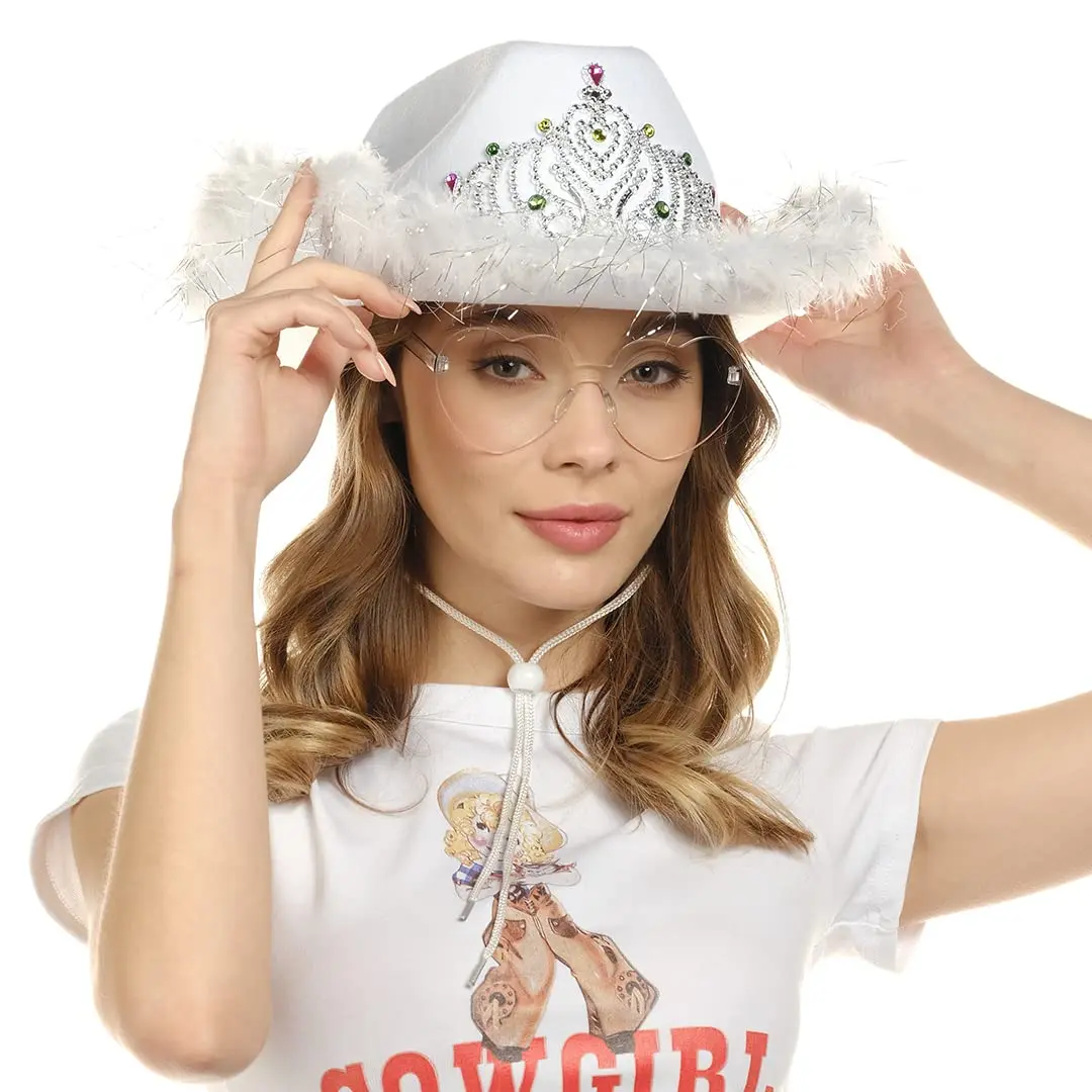 Funcredible White Cowboy Hat and Glasses | Preppy Cowgirl Costume Accessory for Women - view 4