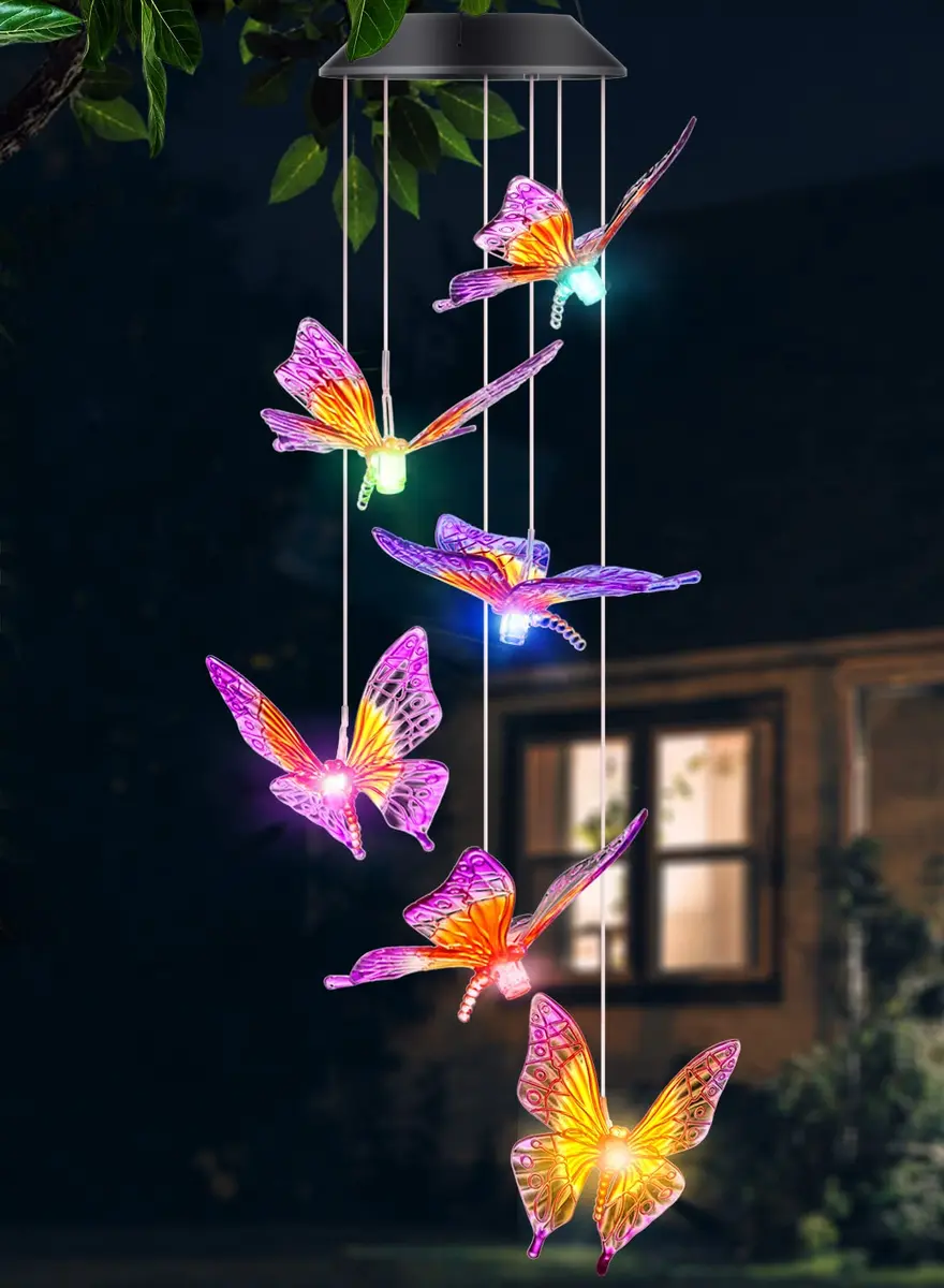 DesGully Wind Chimes Butterfly Solar Wind Chimes for Outside | Color Changing Garden Decor with 7-Color LEDs - main product image