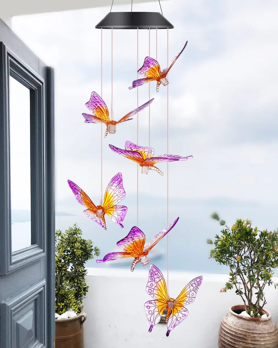 DesGully Wind Chimes Butterfly Solar Wind Chimes for Outside | Color Changing Garden Decor with 7-Color LEDs - view 6