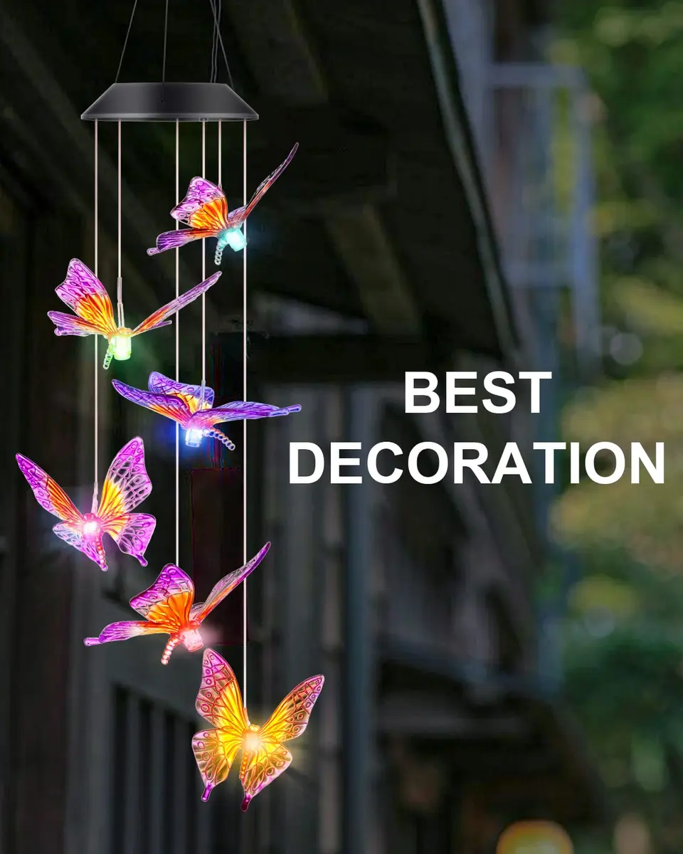 DesGully Wind Chimes Butterfly Solar Wind Chimes for Outside | Color Changing Garden Decor with 7-Color LEDs - view 7