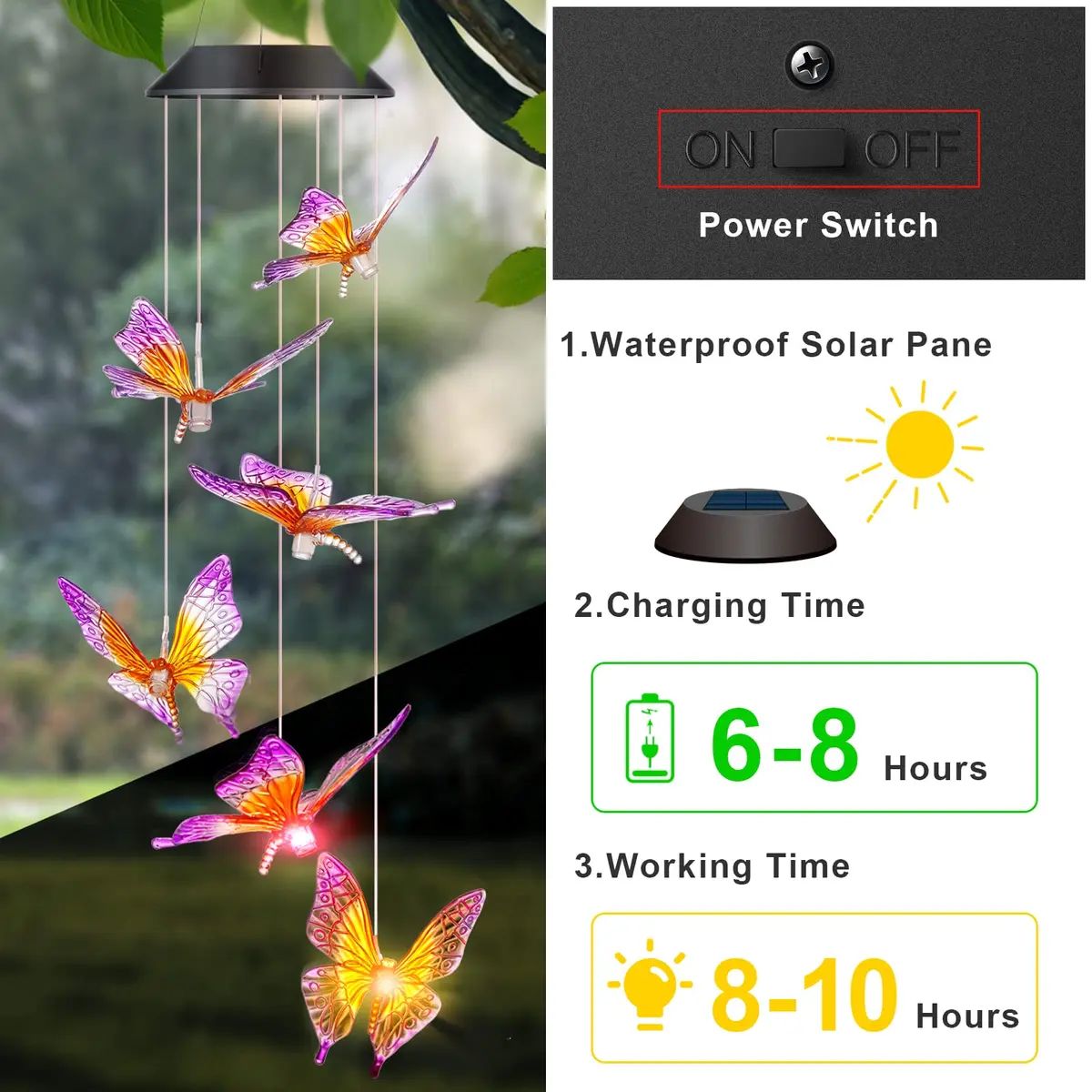 DesGully Wind Chimes Butterfly Solar Wind Chimes for Outside | Color Changing Garden Decor with 7-Color LEDs - view 2