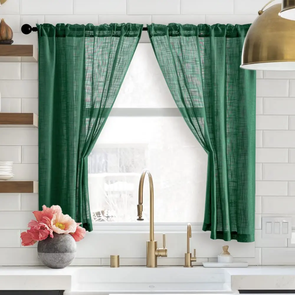 SHINELAND 48 Inch Short Linen Sheer Curtains for Windows | Modern Farmhouse Open Weave, Emerald Green - main product image