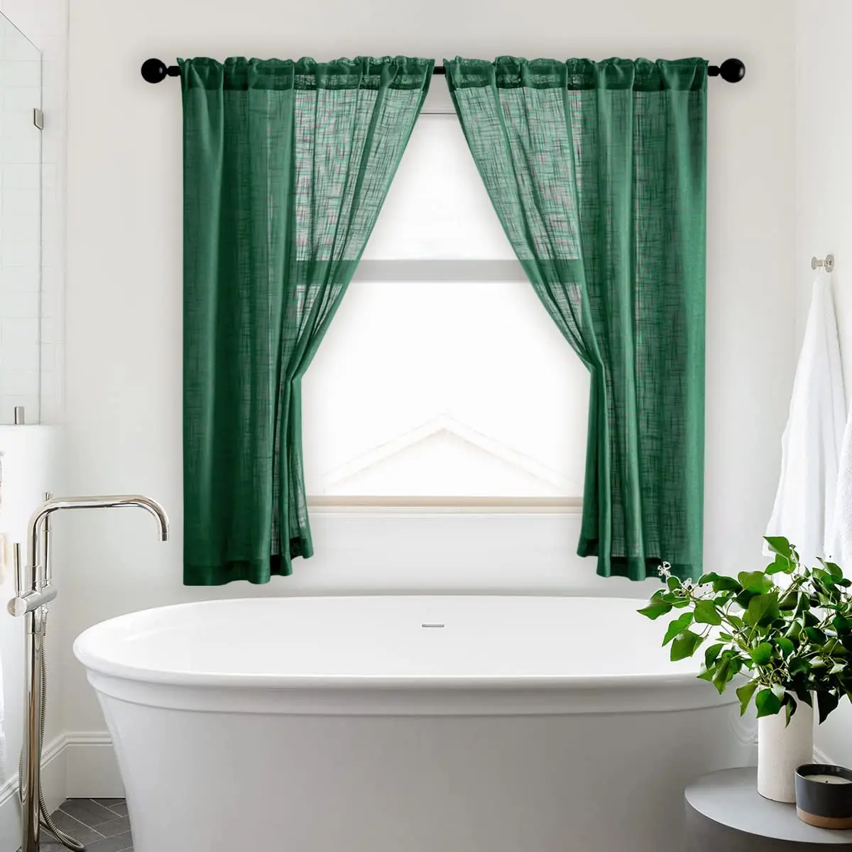 SHINELAND 48 Inch Short Linen Sheer Curtains for Windows | Modern Farmhouse Open Weave, Emerald Green - view 7