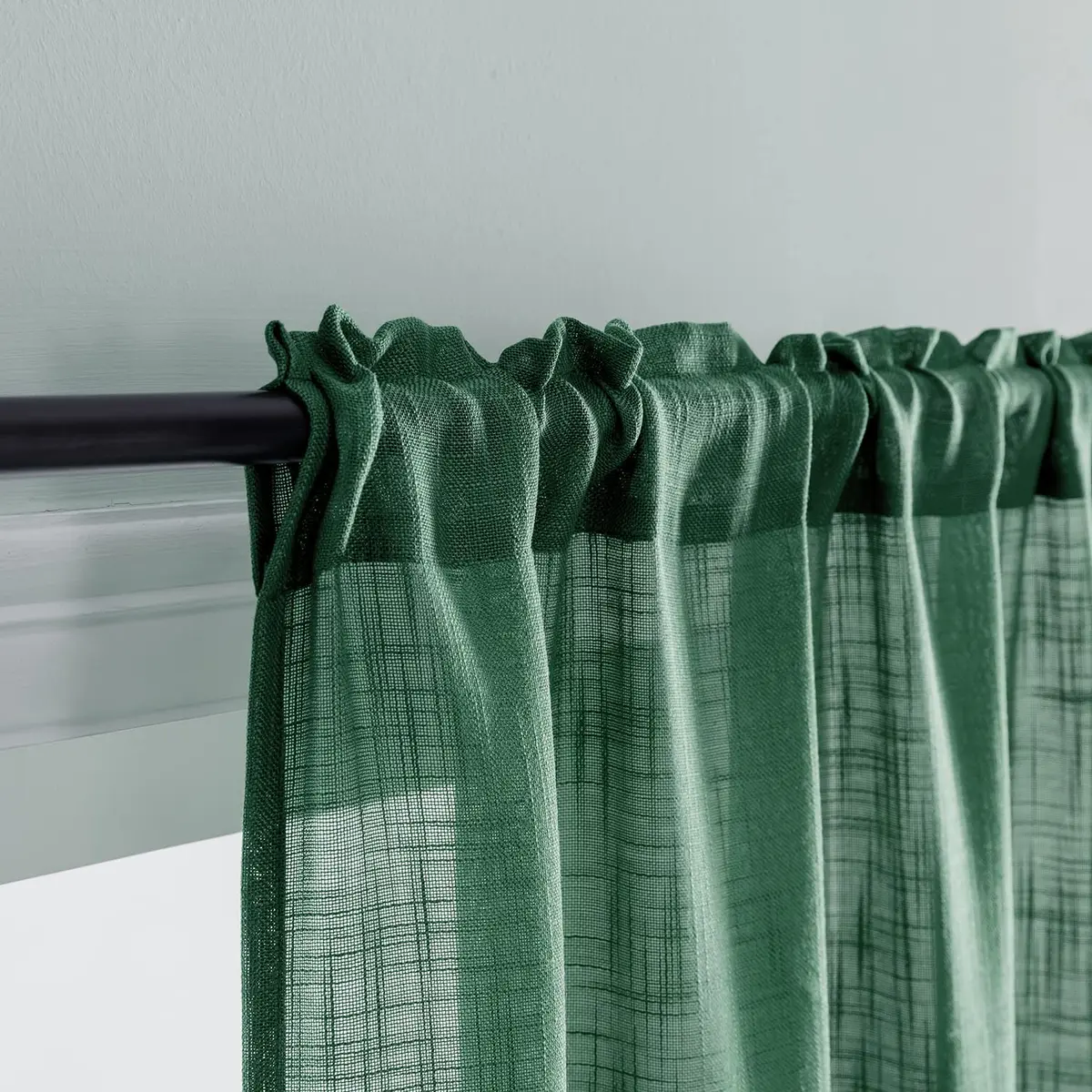 SHINELAND 48 Inch Short Linen Sheer Curtains for Windows | Modern Farmhouse Open Weave, Emerald Green - view 8