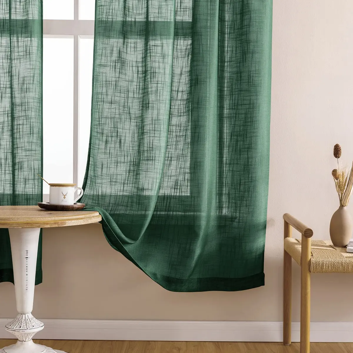 SHINELAND 48 Inch Short Linen Sheer Curtains for Windows | Modern Farmhouse Open Weave, Emerald Green - view 3