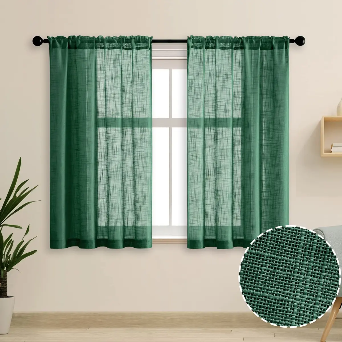 SHINELAND 48 Inch Short Linen Sheer Curtains for Windows | Modern Farmhouse Open Weave, Emerald Green - view 4
