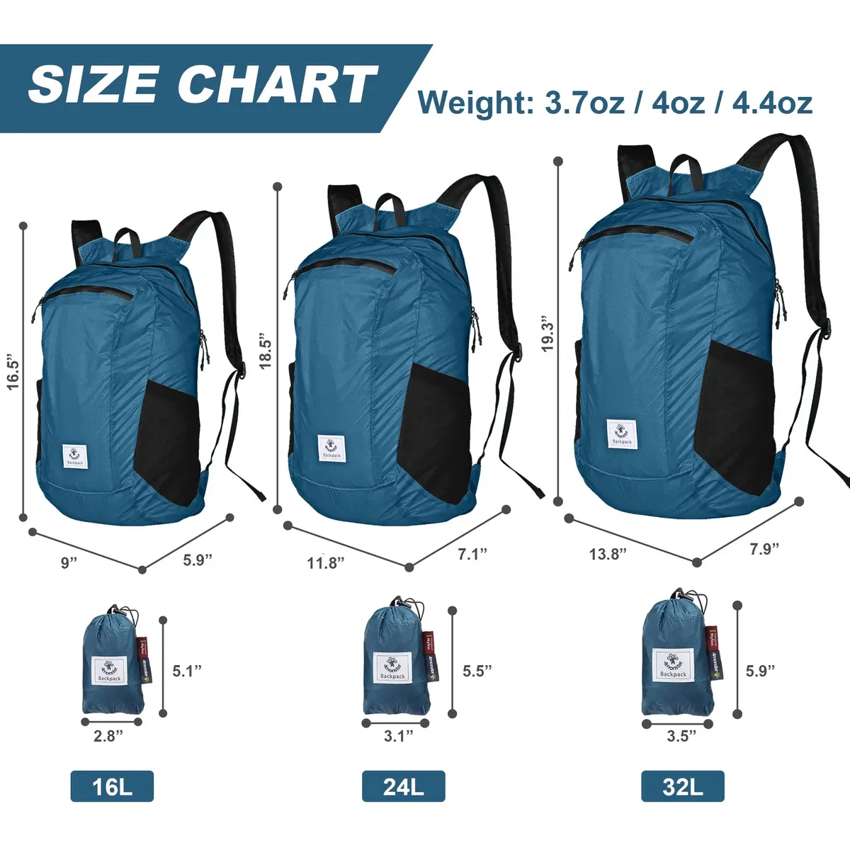 4Monster Water Resistant Backpack 32L | Ultra Lightweight & Packable for Travel & Outdoor (Blue, 32L) - view 2