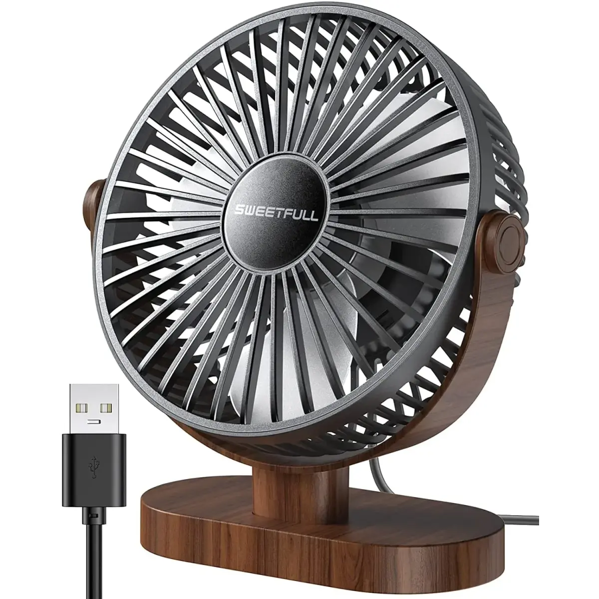 SWEETFULL Small USB Desk Fan, Black Wood Grain, 16.5cm (6.5 Inch) Fan Head | Quiet & Powerful Personal Cooling - main product image