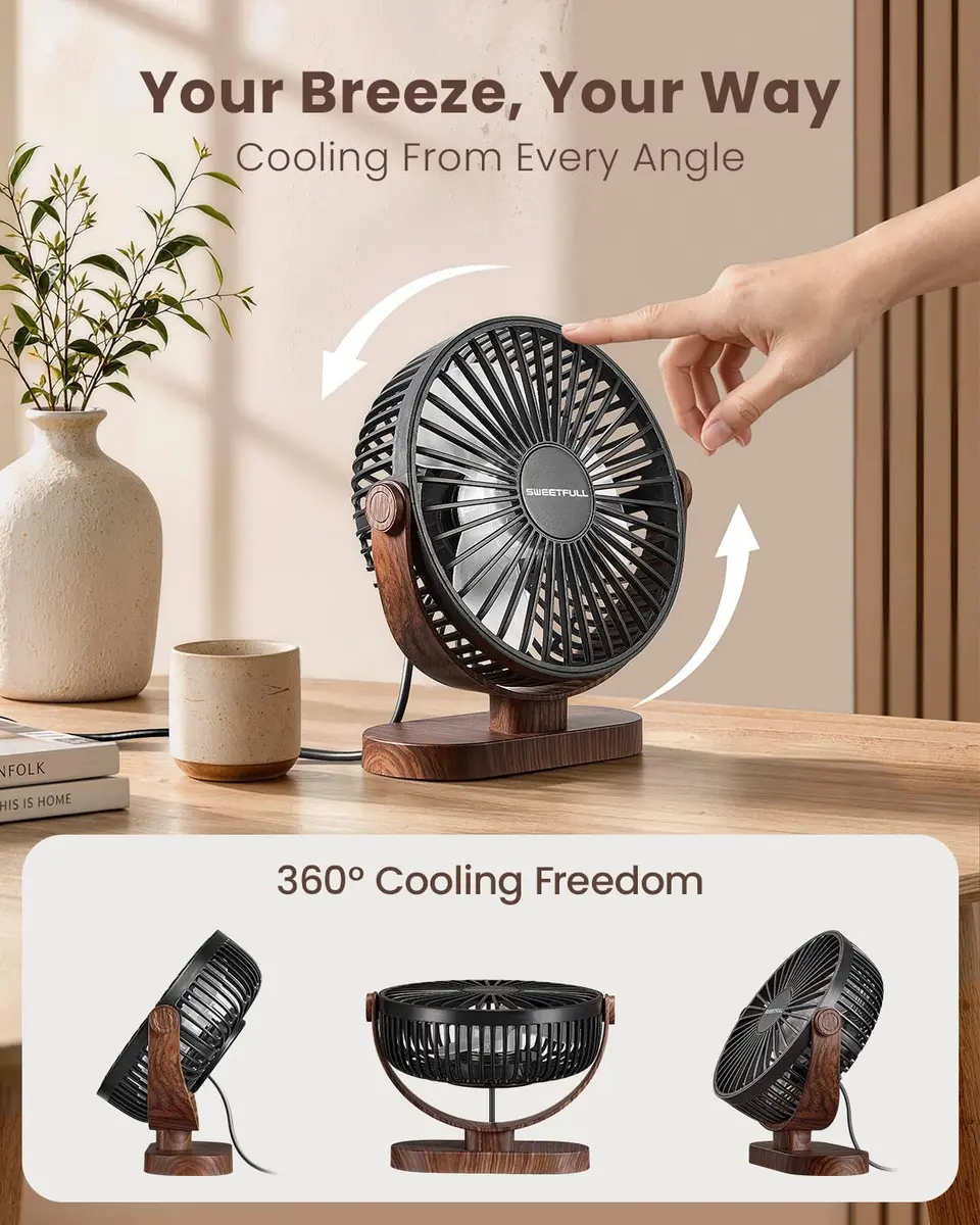 SWEETFULL Small USB Desk Fan, Black Wood Grain, 16.5cm (6.5 Inch) Fan Head | Quiet & Powerful Personal Cooling - view 5