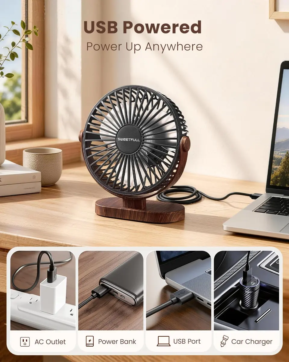 SWEETFULL Small USB Desk Fan, Black Wood Grain, 16.5cm (6.5 Inch) Fan Head | Quiet & Powerful Personal Cooling - view 6
