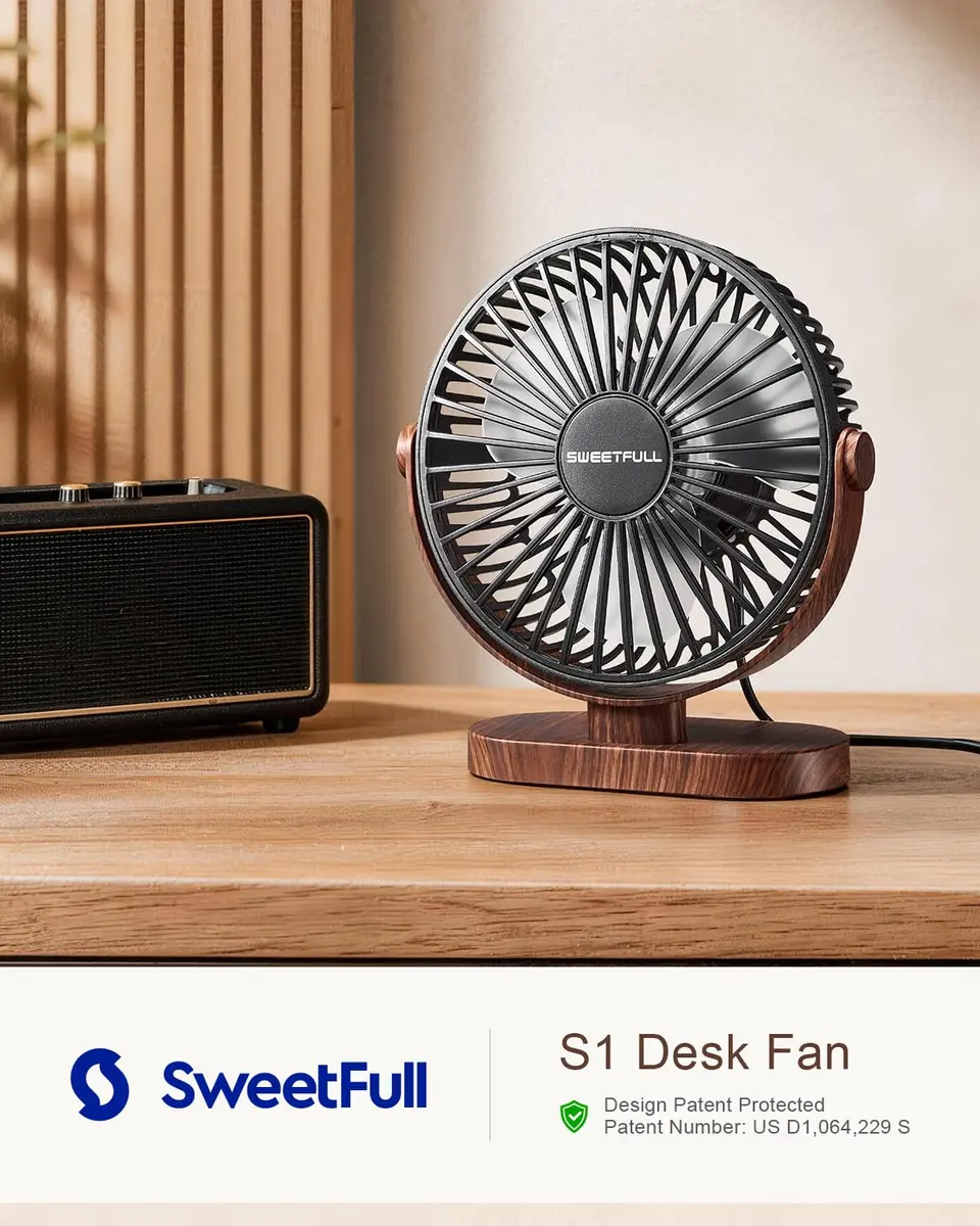 SWEETFULL Small USB Desk Fan, Black Wood Grain, 16.5cm (6.5 Inch) Fan Head | Quiet & Powerful Personal Cooling - view 2