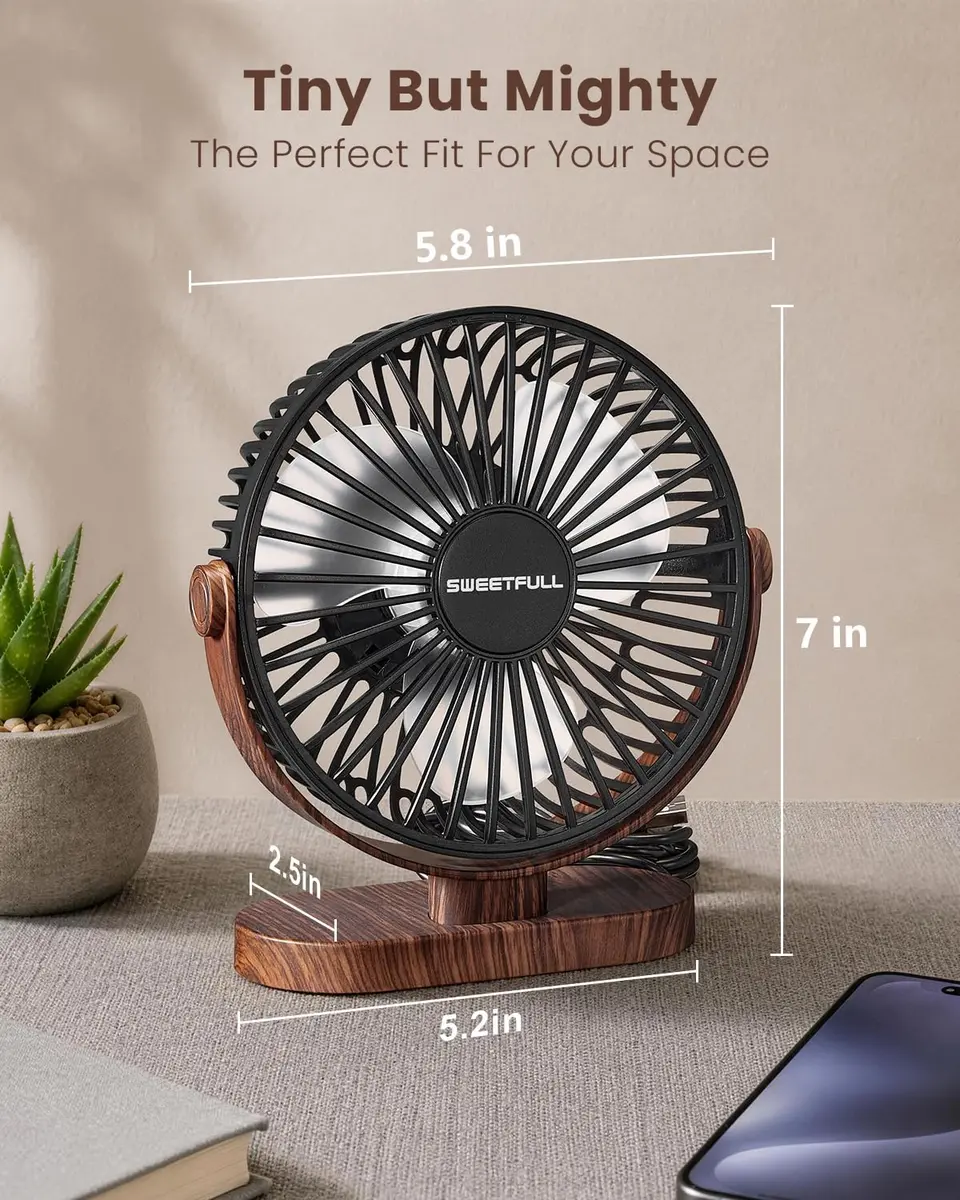 SWEETFULL Small USB Desk Fan, Black Wood Grain, 16.5cm (6.5 Inch) Fan Head | Quiet & Powerful Personal Cooling - view 3