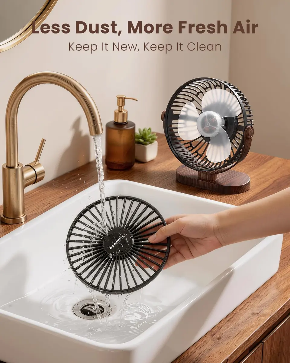 SWEETFULL Small USB Desk Fan, Black Wood Grain, 16.5cm (6.5 Inch) Fan Head | Quiet & Powerful Personal Cooling - view 4