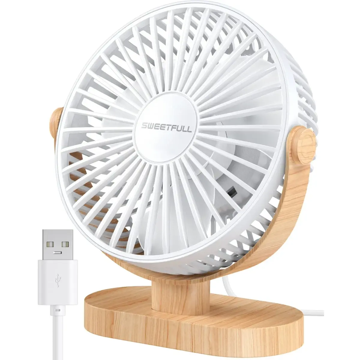 SWEETFULL Small USB Desk Fan, White Wood Grain, 14.7 cm (5.8") Airflow Area | Quiet Operation Under 25 dB - main product image