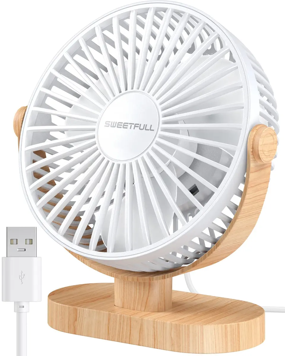 SWEETFULL Small USB Desk Fan, White Wood Grain, 14.7 cm (5.8") Airflow Area | Quiet Operation Under 25 dB - main product image