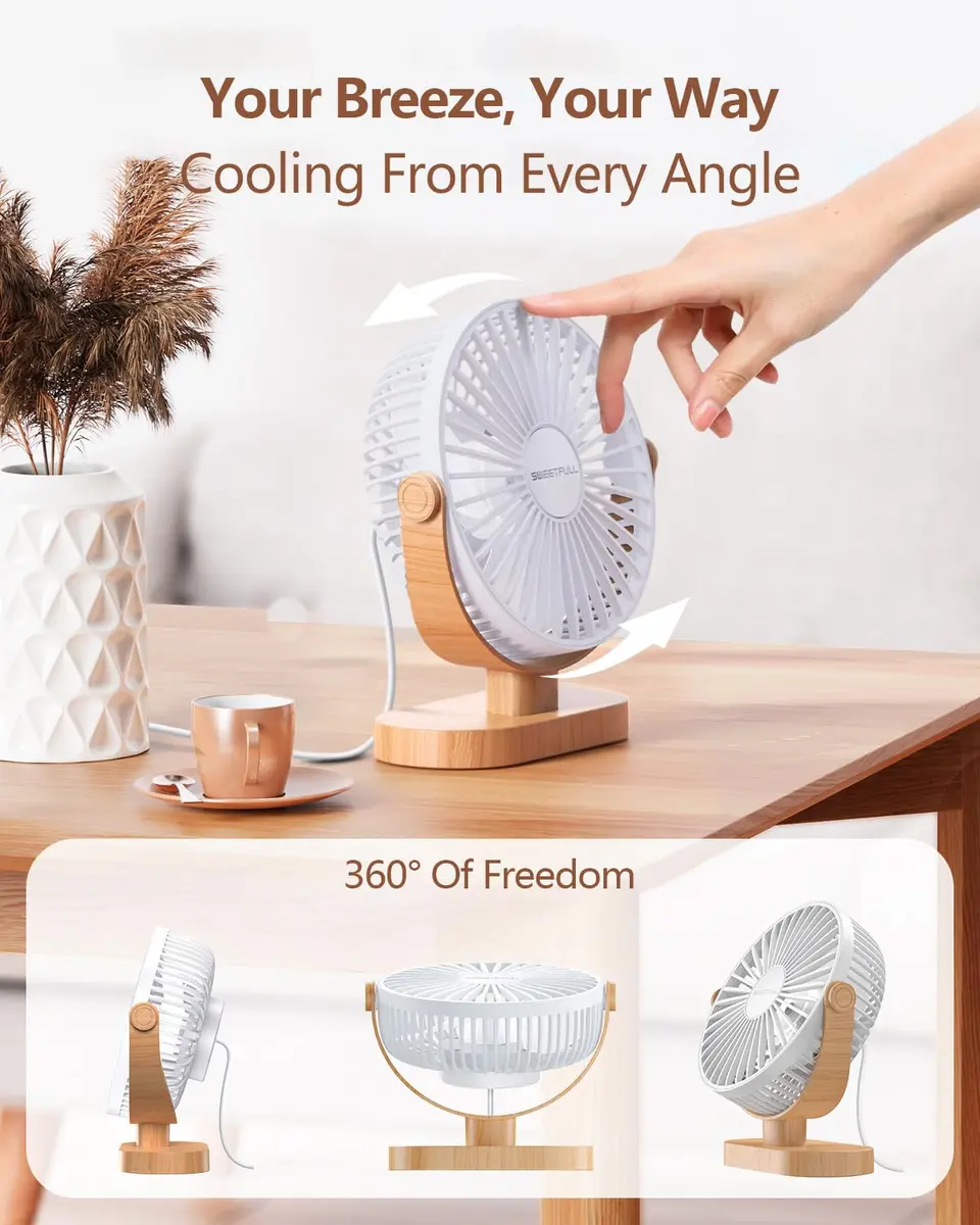 SWEETFULL Small USB Desk Fan, White Wood Grain, 14.7 cm (5.8") Airflow Area | Quiet Operation Under 25 dB - view 5