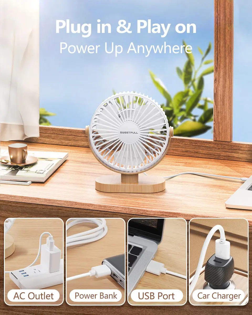 SWEETFULL Small USB Desk Fan, White Wood Grain, 14.7 cm (5.8") Airflow Area | Quiet Operation Under 25 dB - view 6