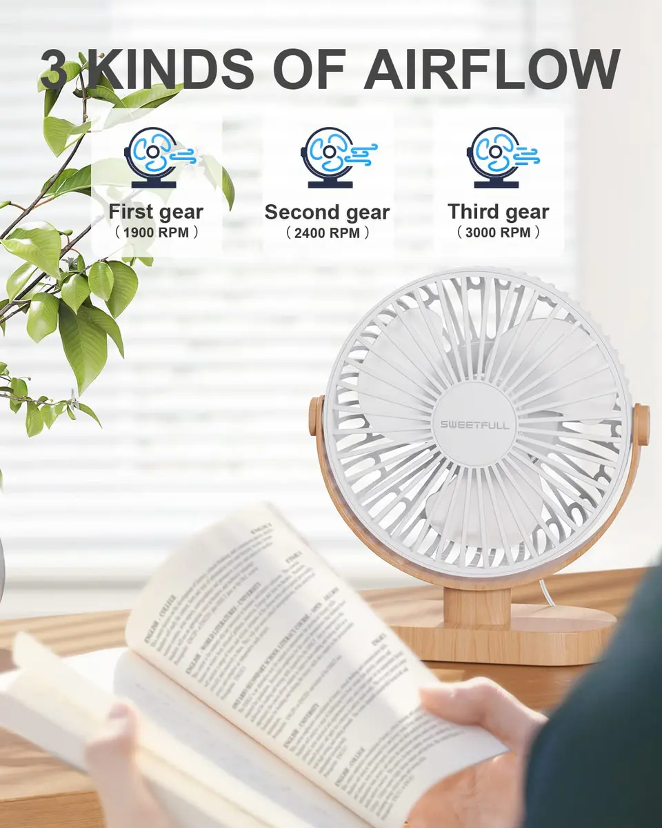 SWEETFULL Small USB Desk Fan, White Wood Grain, 14.7 cm (5.8") Airflow Area | Quiet Operation Under 25 dB - view 7