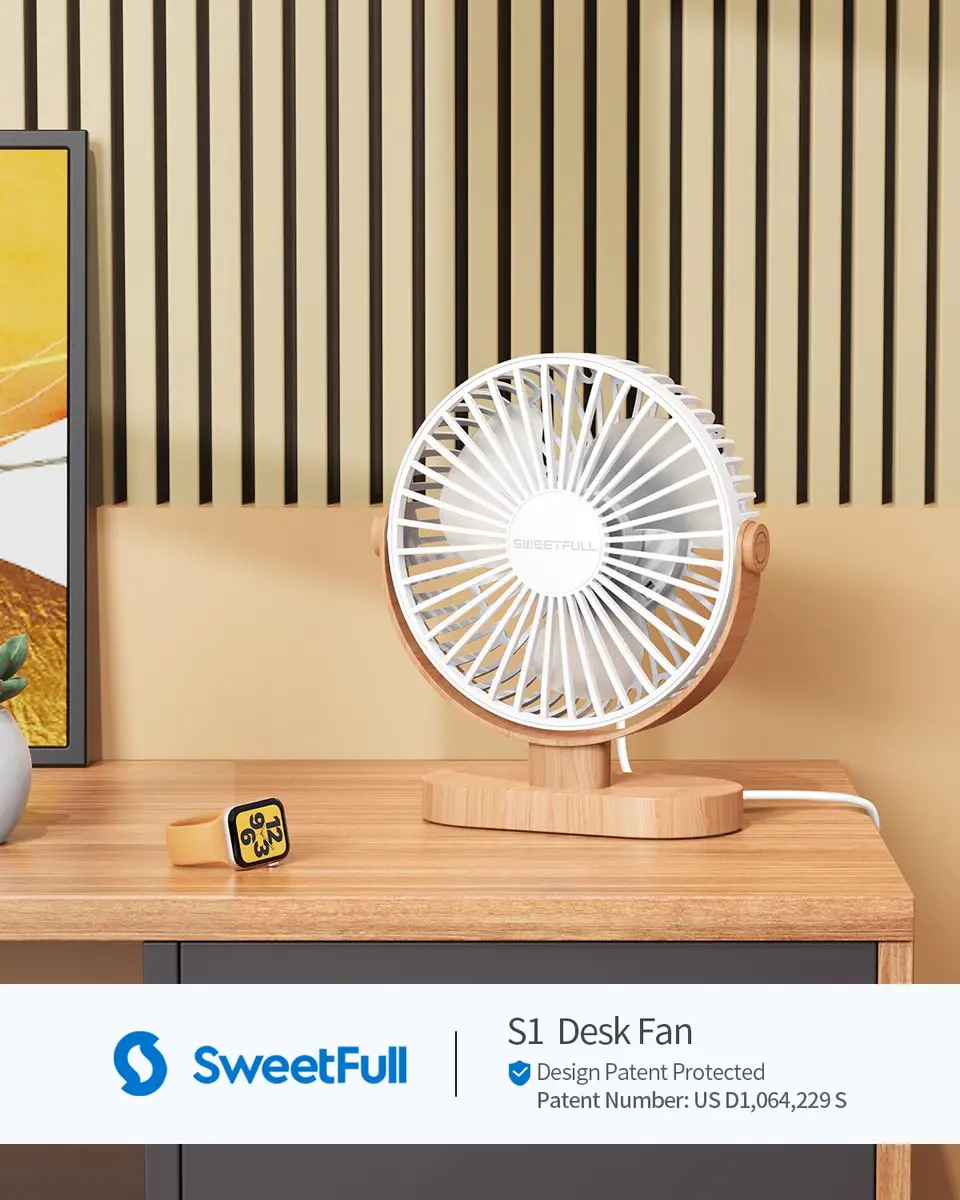 SWEETFULL Small USB Desk Fan, White Wood Grain, 14.7 cm (5.8") Airflow Area | Quiet Operation Under 25 dB - view 2