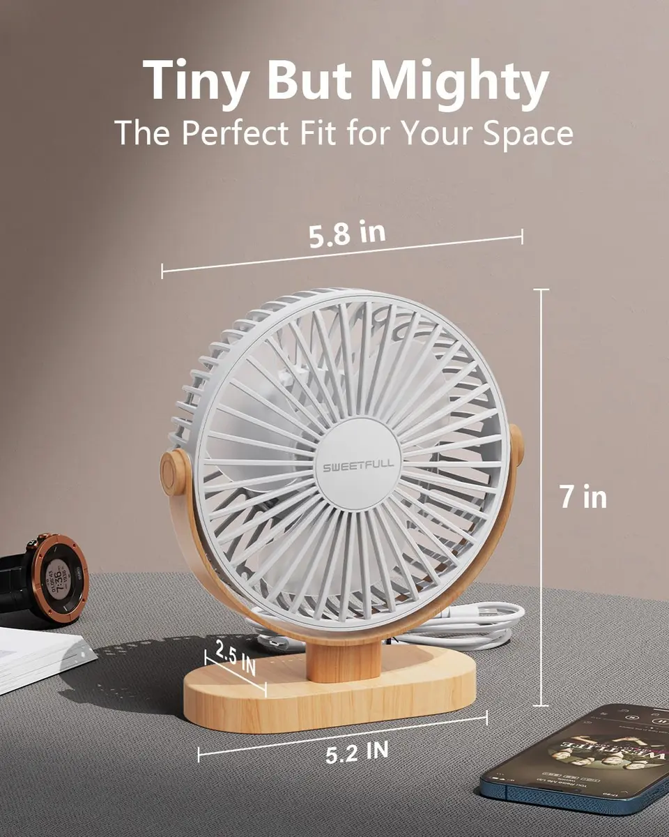 SWEETFULL Small USB Desk Fan, White Wood Grain, 14.7 cm (5.8") Airflow Area | Quiet Operation Under 25 dB - view 3