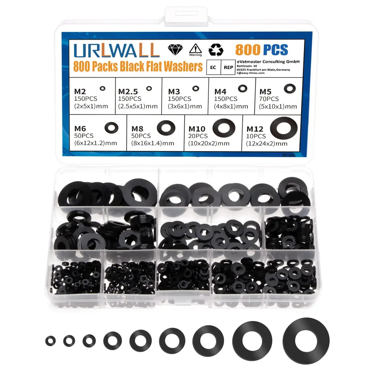 URLWALL 800Pcs Black Nylon Flat Washer Assortment Set M2-M12 | Protects Parts & Screws - main product image