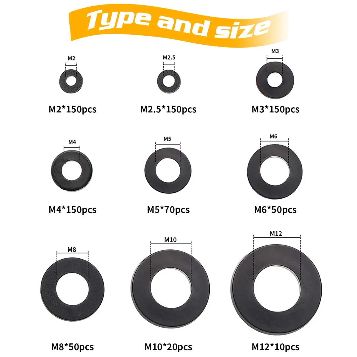URLWALL 800Pcs Black Nylon Flat Washer Assortment Set M2-M12 | Protects Parts & Screws - view 3