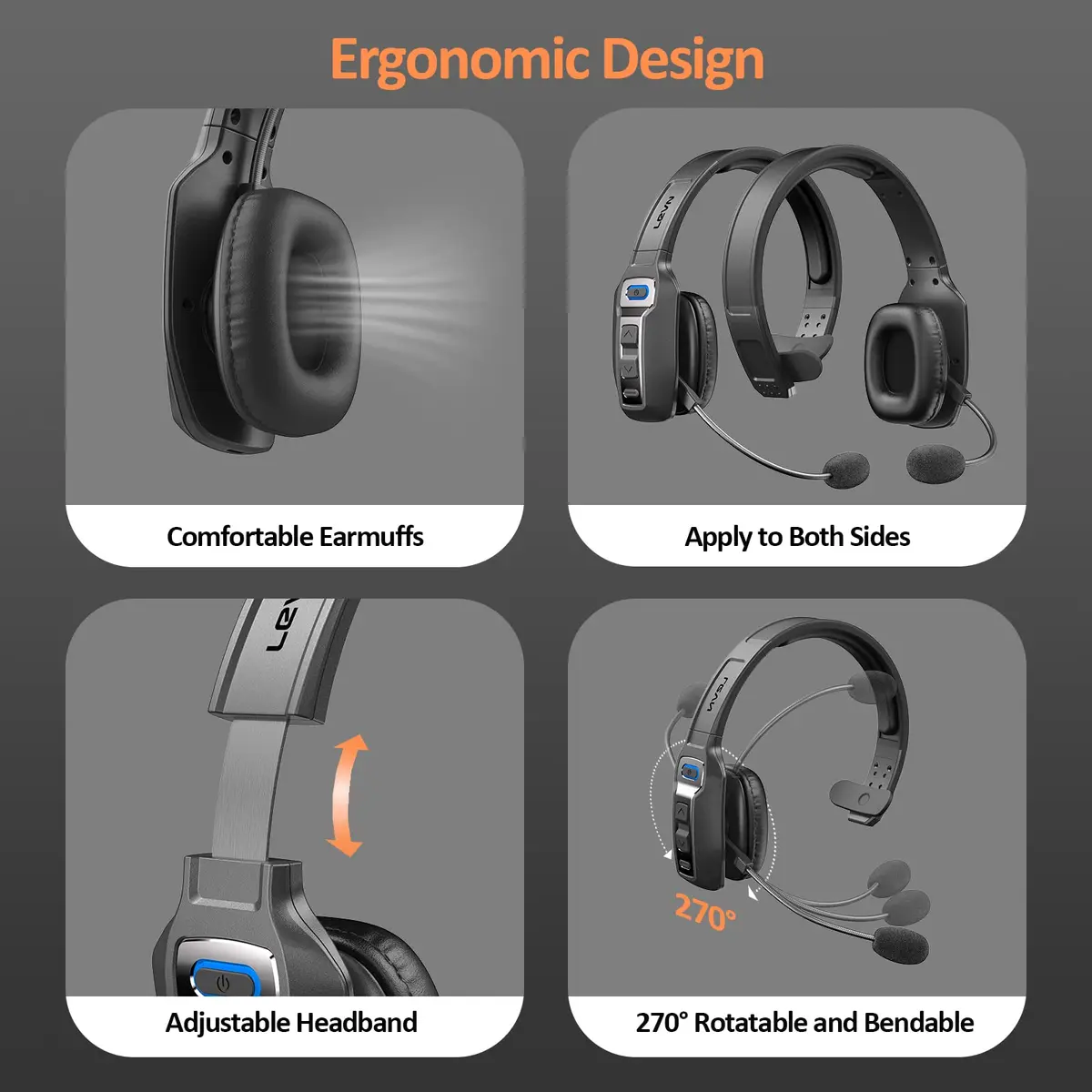 LEVN Bluetooth Headset with Microphone | AI Noise Cancelling & 65 Hrs Battery | Wireless On-Ear Headphones for Trucker & Office - view 5