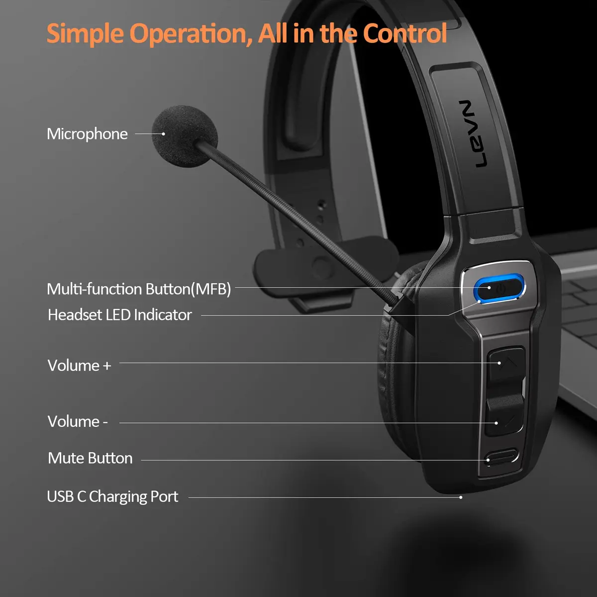 LEVN Bluetooth Headset with Microphone | AI Noise Cancelling & 65 Hrs Battery | Wireless On-Ear Headphones for Trucker & Office - view 6
