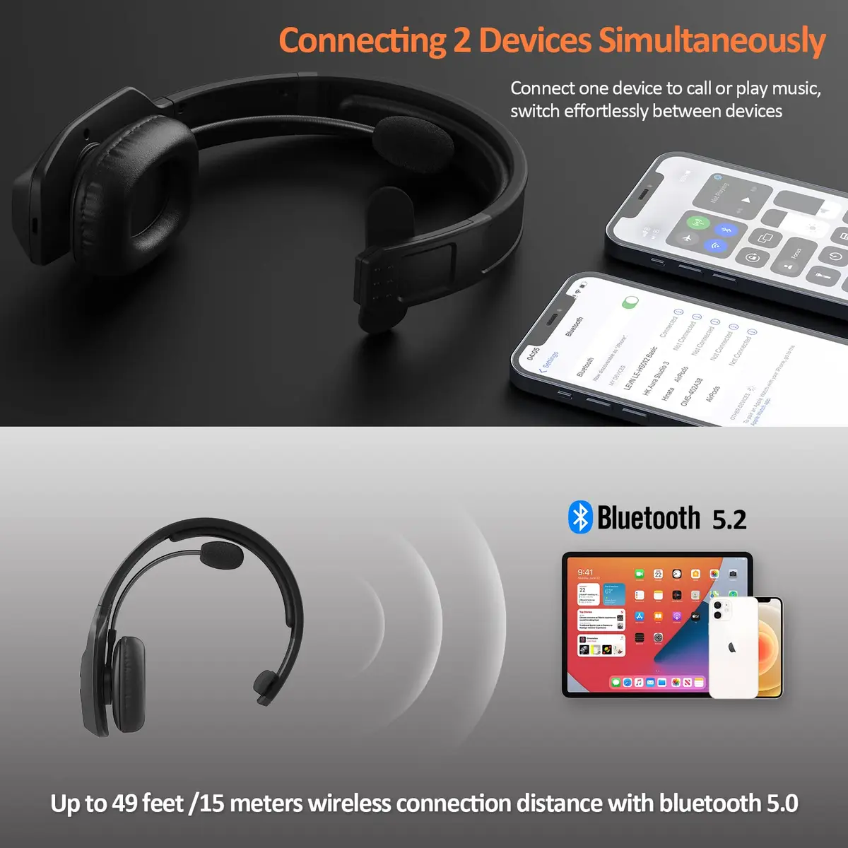 LEVN Bluetooth Headset with Microphone | AI Noise Cancelling & 65 Hrs Battery | Wireless On-Ear Headphones for Trucker & Office - view 3